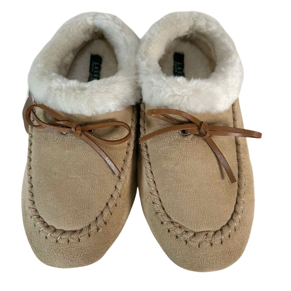 Ralph Lauren Moccasin Slippers Faux Fur‎ Lined Wheat Brown Size L (7-8)